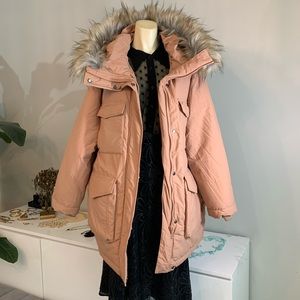 H&M padded fur puffer jacket peach nude medium